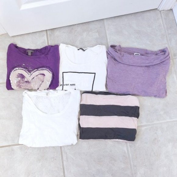 💜 3 Top Bundle Short Sleeve Long sleeve / Shirt/ White and purple - Picture 1 of 5